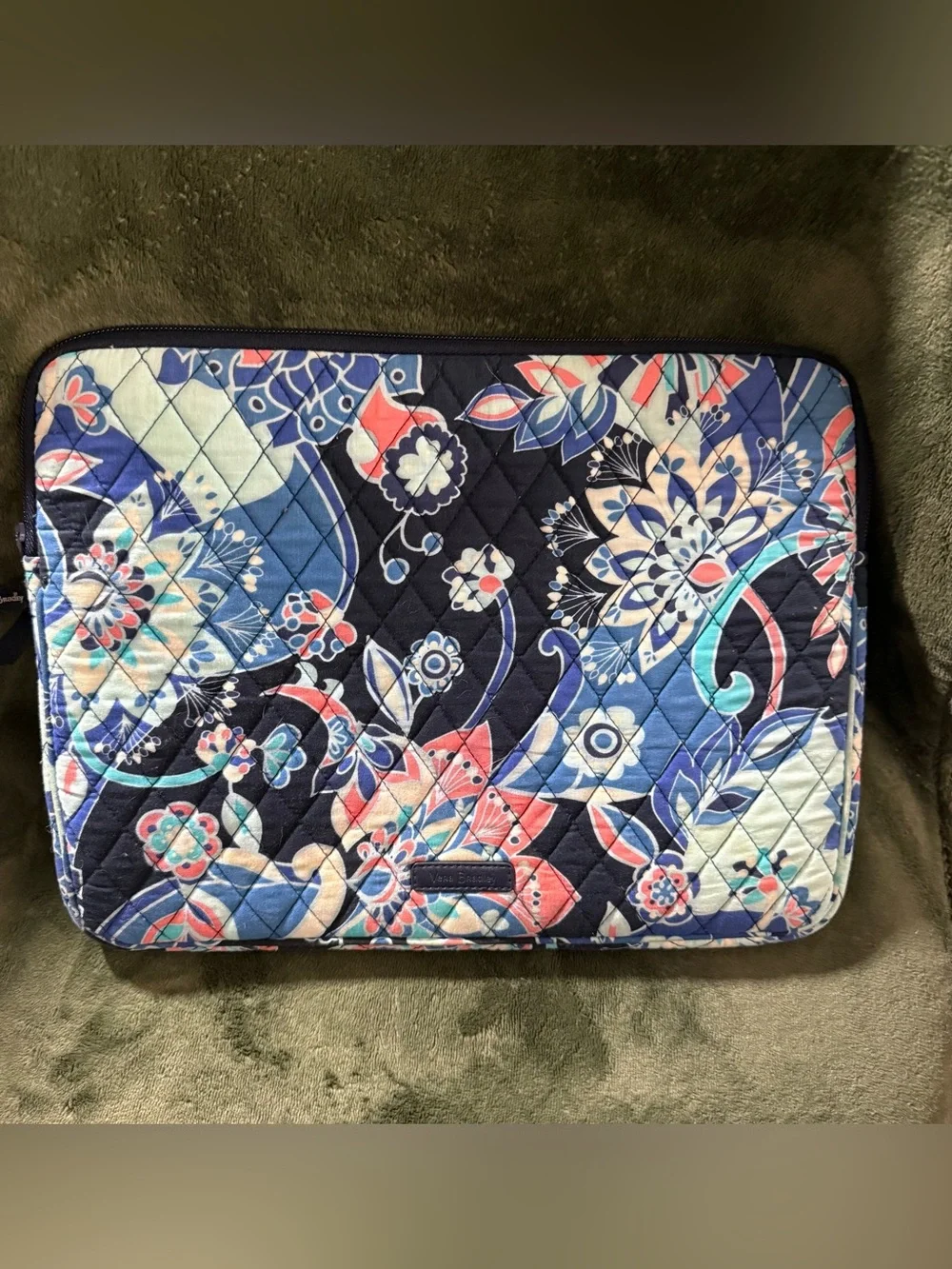 Vera Bradley Navy Floral Quilted Laptop Sleeve with Coral & Sky Accents